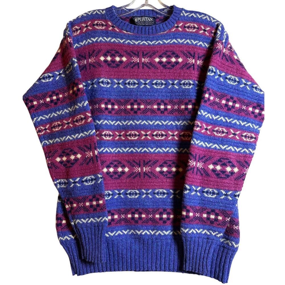 Vintage Puritan Fair Isle Shetland Wool Sweater M Purple Made USA